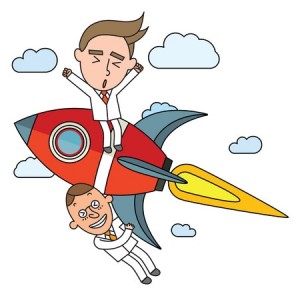 Illustration of a business story - 2 men on a rocket ship